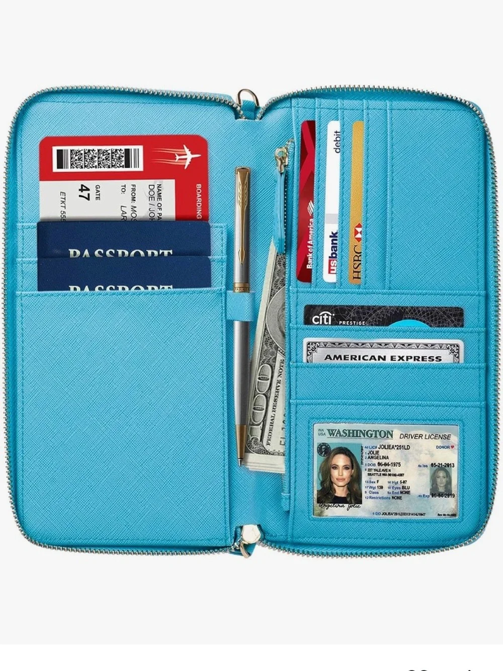 NWT Zip-Around Travel Documents Organizer RFID Faux leather Turquoise Wallet